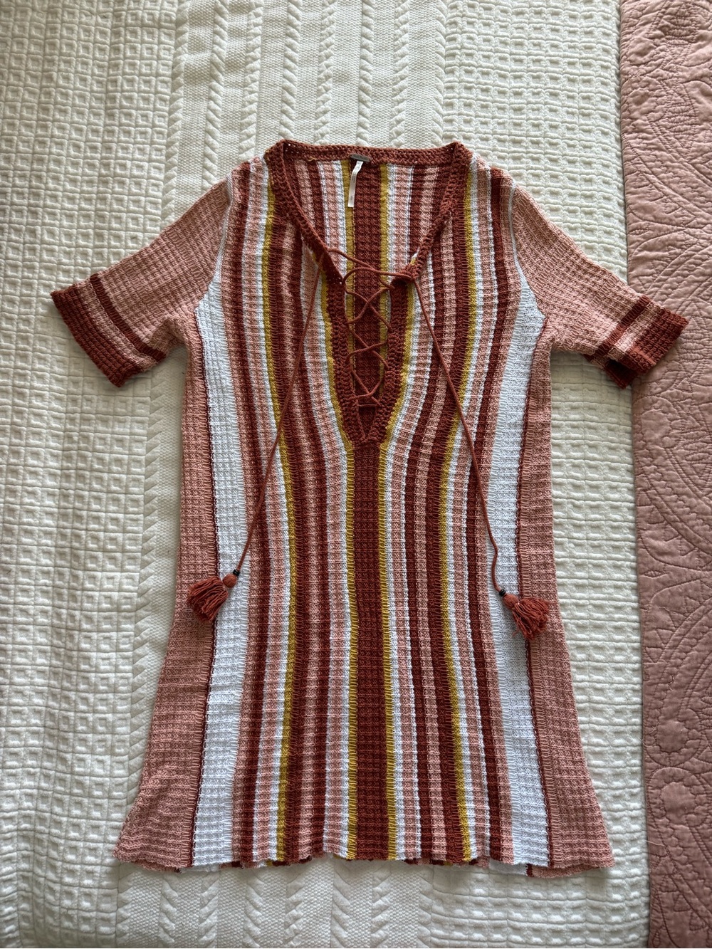 Free People Striped Lace-Up Dress — Rust, White & Mustard